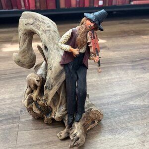 Vintage 1983 Peggie Kilgore Corn Husk Violinist Driftwood Sculpture